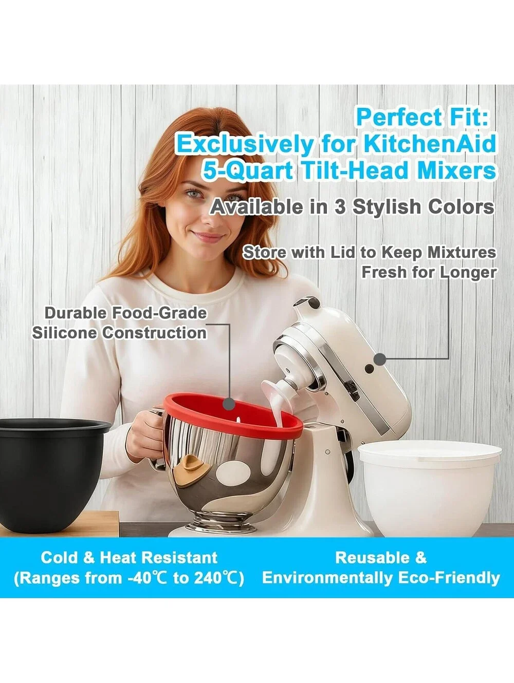 3-Pack Silicone Bowl Liners with Lids Compatible with 5 Qt KitchenAid Mixer